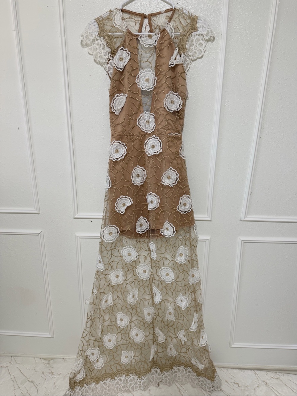 Cream Lace Floral Appliqué Dress with Tan Lining
